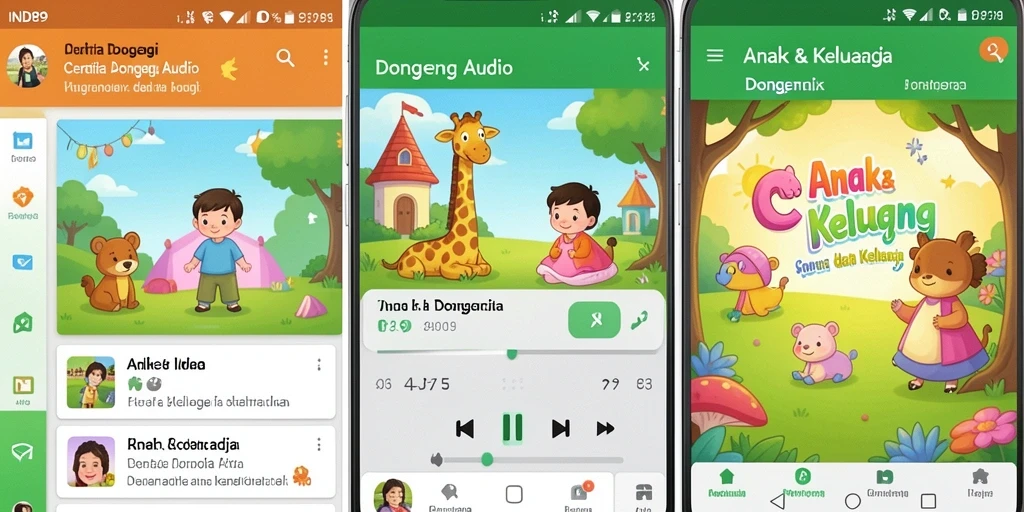 Tampilan antarmuka pengguna aplikasi Dongeng Audio yang menarik dan interaktif.