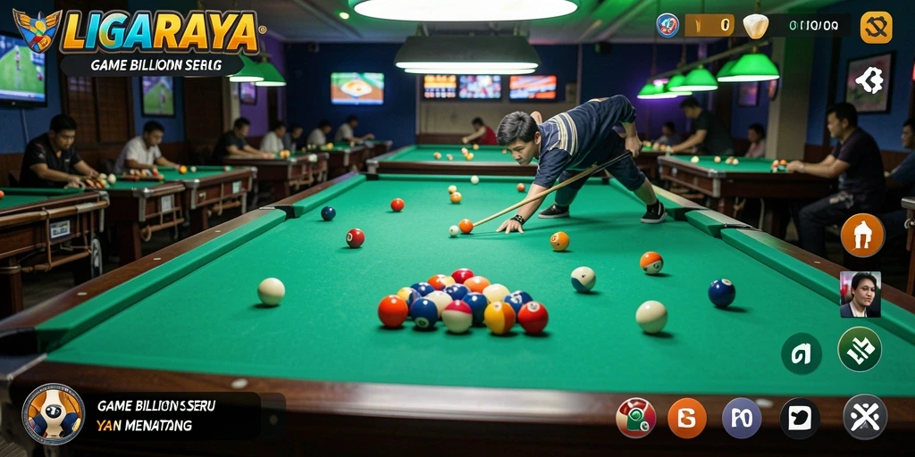Antarmuka LIGARAYA menampilkan meja billiard yang realistis dan interaktif.