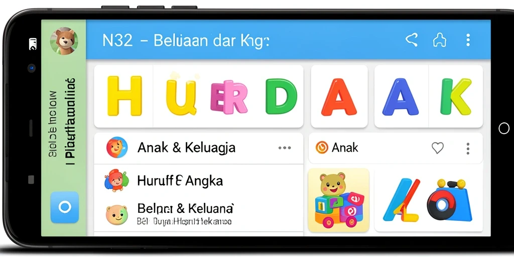 Tampilan antarmuka N32 yang ramah anak untuk belajar huruf dan angka.