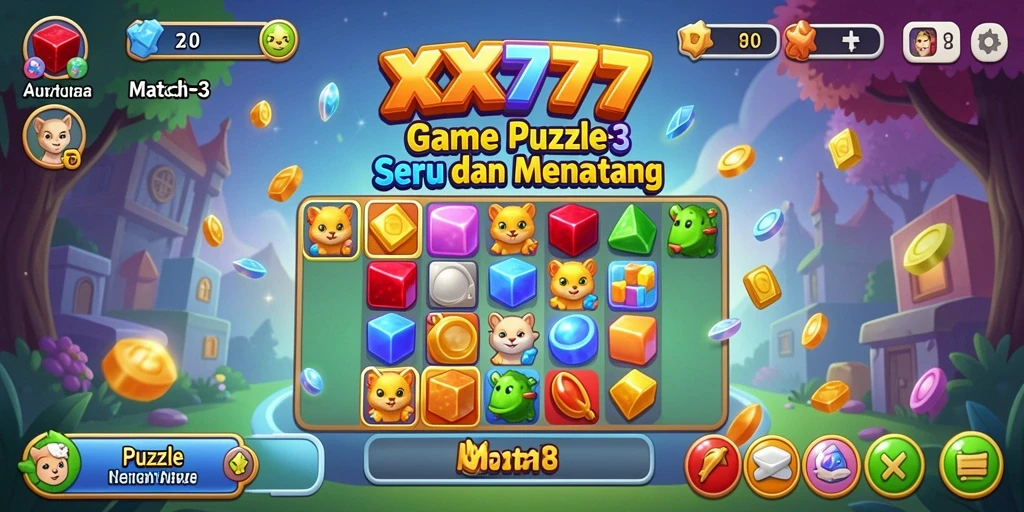 Tampilan antarmuka XXX777 dengan elemen Puzzle Match-3 yang menarik.